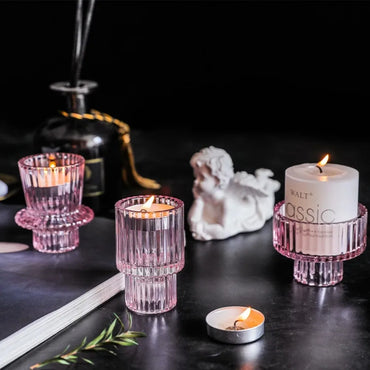 3-Pack Ribbed Double-Ended Glass Candle Holders — Vintage Taper & Tealight Centerpiece Set for Weddings, Dinner Parties, Home Decor