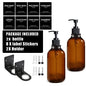 500ml (16.9 fl oz) Amber Refillable Pump Bottle Set with Black Label Stickers - Shampoo, Shower Gel & Liquid Soap Dispensers for Bathroom & Kitchen