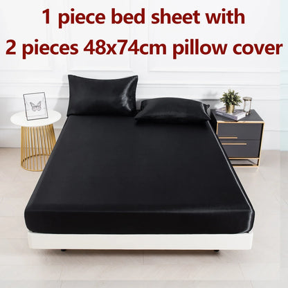 Satin Fitted Sheet Set 3-Piece (1 Fitted Sheet + 2 Pillowcases) Soft Breathable Solid Color Bedding