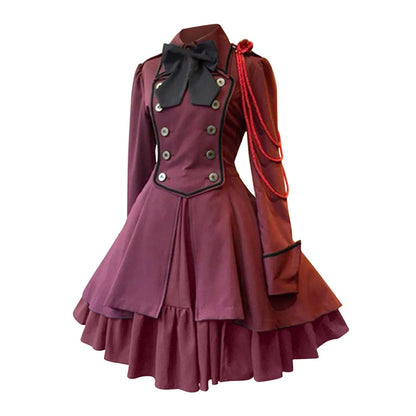 MAIGSWHOO Plus Size Gothic Lolita A-Line Princess Dress – Bow Collar, Trumpet Sleeve, Lace-Up Ruffles, Medieval Retro Style, S–5XL