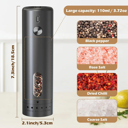 Electric Salt and Pepper Grinder Set – USB Rechargeable Automatic Ceramic Mills, 6-Setting Adjustable Coarseness, LED Light, 110 ml (3.72 fl oz)