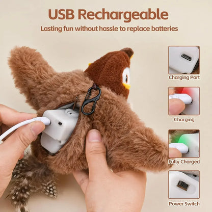 Rechargeable Interactive Cat Toy – Touch-Activated Chirping Flapping Bird Plush with Catnip