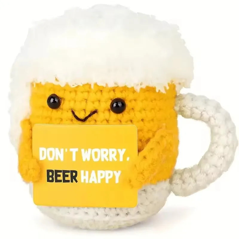 Funny Crochet Emotional Support Coffee Doll With Card Desktop Ornament Handmade Knitted Coffee Dolls Christmas Gifts Home Decor
