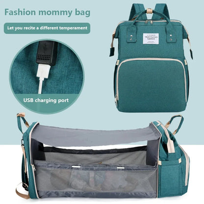 Foldable Diaper Bag with Portable Folding Crib Bed Lightweight Large-Capacity Baby Backpack