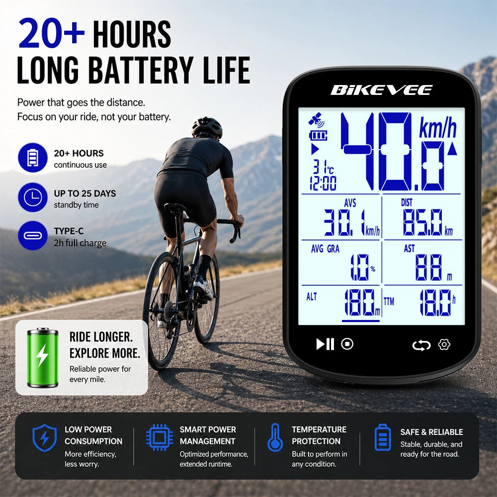 Bikevee BKV-520 GPS Bike Computer - 2.6" Sunlight-Readable LCD, 5-Satellite GPS, 28hr Battery, IPX7, Bluetooth 5.3