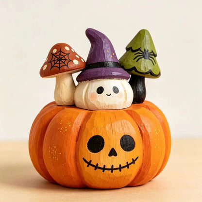 Halloween Hand-Painted Wooden Tabletop Figurines – Owl, Ghost, Pumpkin & Vampire Cat Characters for Shelf, Mantel & Party Decor – 4 Colors