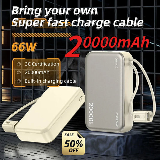 20000mAh 66W Fast Charge Power Bank with Built-In Cable & Digital Display, CCC Certified USB-C Portable Charger