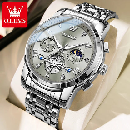 OLEVS 2856 Men's Skeleton Chronograph Watch - Flywheel Dial, Moon Phase, Steel Bracelet, 30m Water Resistant