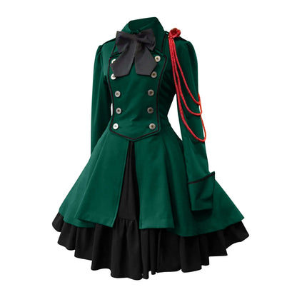 MAIGSWHOO Plus Size Gothic Lolita A-Line Princess Dress – Bow Collar, Trumpet Sleeve, Lace-Up Ruffles, Medieval Retro Style, S–5XL