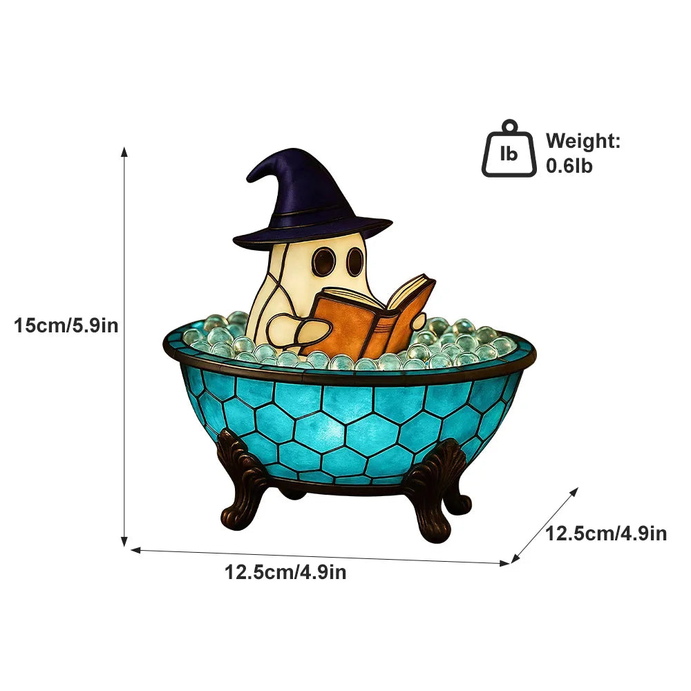 Ghost Bathtub Reading Night Light - Stained Glass & Resin Rechargeable Ambient Lamp with Iron Tripod Base, Halloween & Home Decor