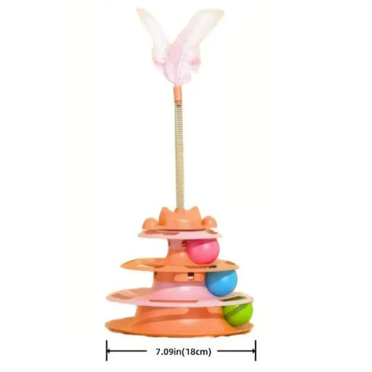 Interactive Cat Toy Tower with Turntable Track, Rolling Balls and Feather Teaser - Kitten Training Toy