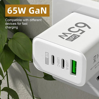 GaN 65W Fast USB-C PD Charger 2x USB-C + USB-A Quick Charge Wall Adapter EU/KR Plug