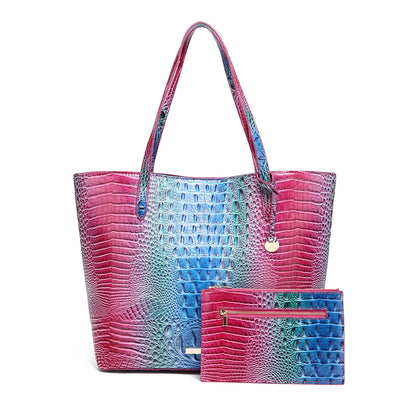 Crocodile-Embossed PU Leather Tote Bag Set – Spacious Bucket Shoulder Handbag with Detachable Zipper Pouch for Women, 14 Colors