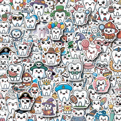 50/100PCS Cute Tooth Graffiti Stickers Water Cup Computer Waterproof Decoration Stickers Cartoon Tooth Stationery Stickers