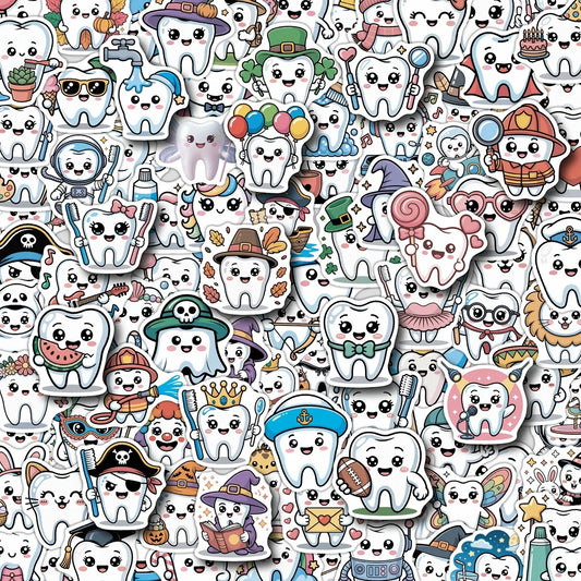 50/100PCS Cute Tooth Graffiti Stickers Water Cup Computer Waterproof Decoration Stickers Cartoon Tooth Stationery Stickers