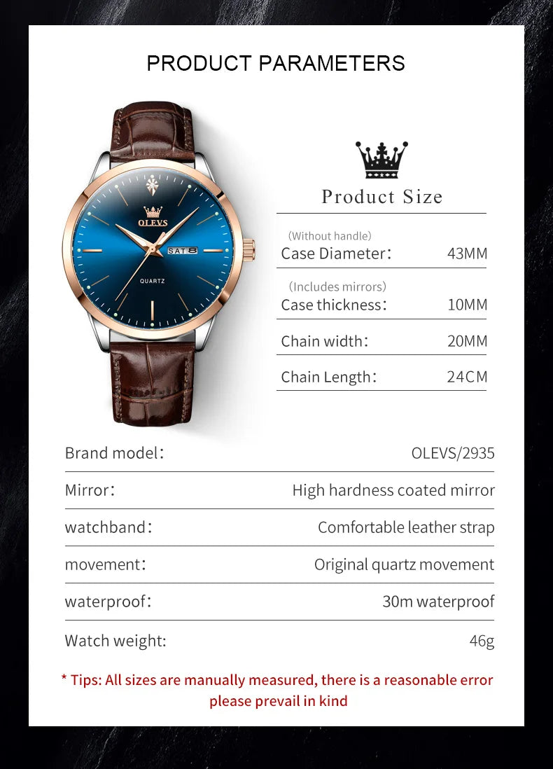 OLEVS 2935 Men’s Quartz Watch with Leather Strap and Calendar