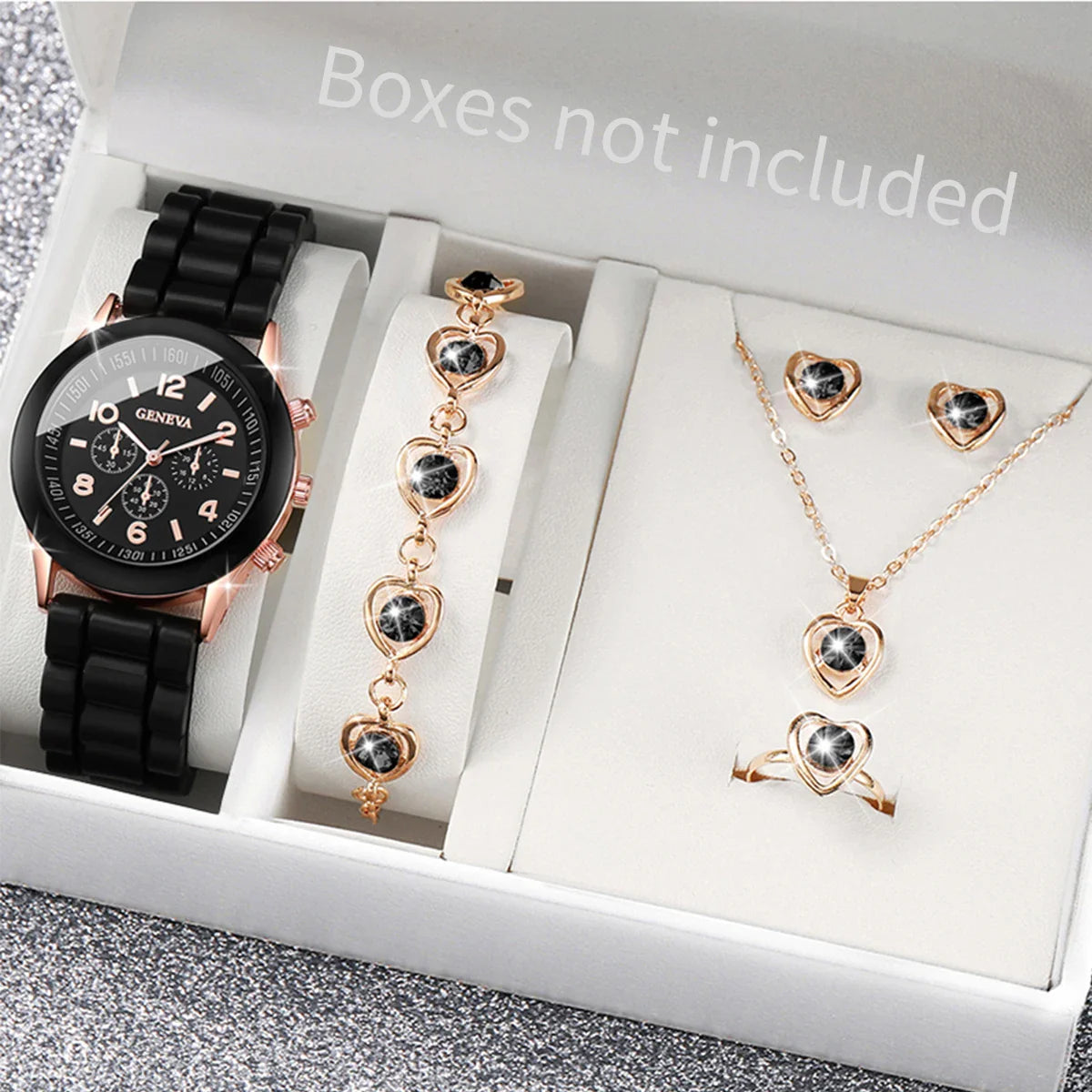 5/6-Piece Women's Quartz Watch Jewelry Gift Set – Silicone Band Watch with Bracelet, Necklace & Earrings