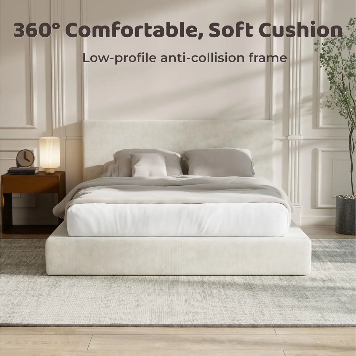 Cloud Upholstered King Platform Bed Frame - 5" CertiPUR-US Foam, Chenille, Cold-Rolled Steel, No Box Spring, Snow White / Onyx Black / Moon Grey / Beige / Cream