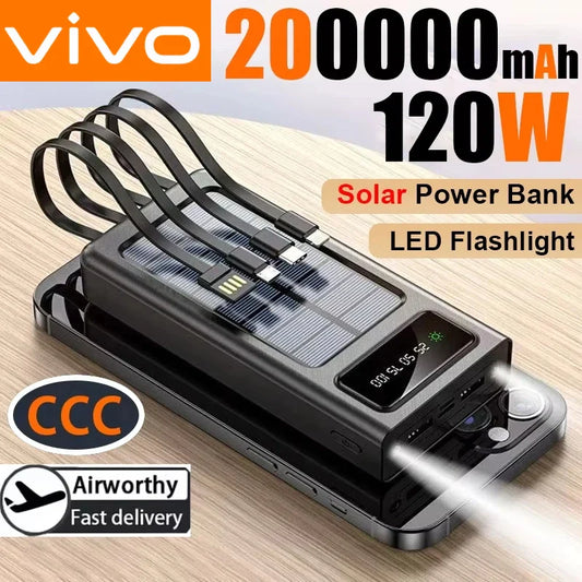 200,000mAh Solar Power Bank 4-in-1 High-Capacity Portable Charger with LED Light, Wireless & Fast USB Charging