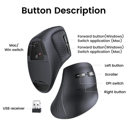 Vertical Ergonomic Wireless Mouse Bluetooth 5.0 & 2.4GHz, 4000 DPI, 6 Silent Buttons for MacBook Laptop Tablet PC