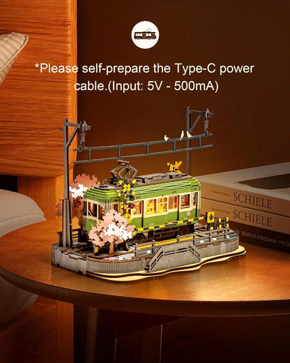 Robotime Sakura Journey Tram 3D Wooden Puzzle with LED Lights – 223-Piece Model Kit for Adults