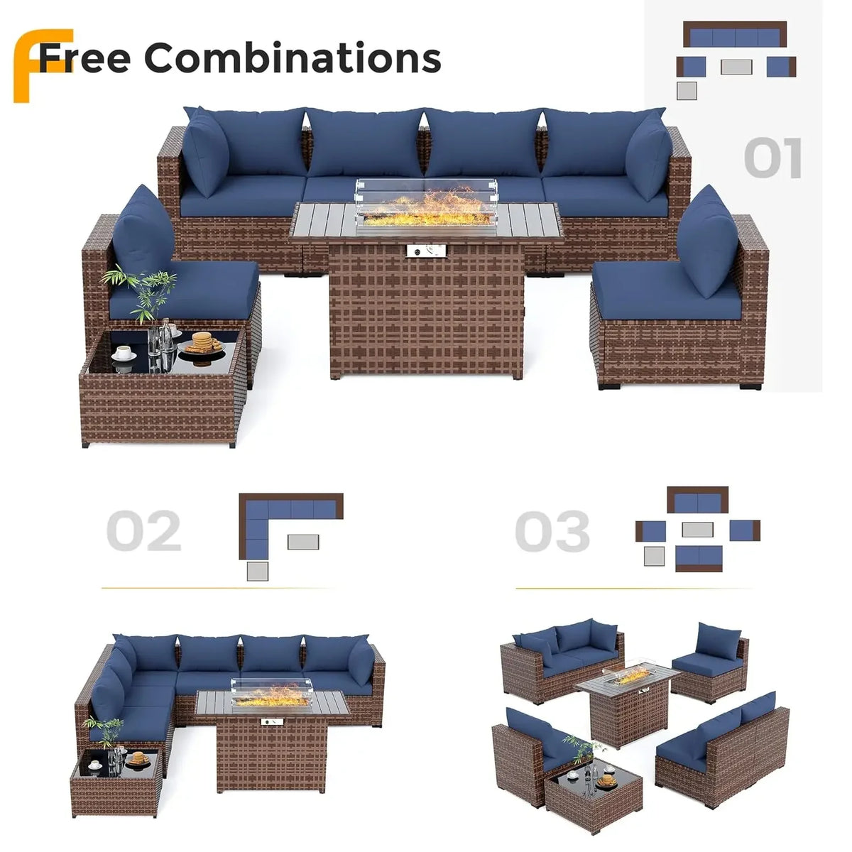 Furniture Set with Fire Pit Table, 8 Piece Sectional Sofas, All-Weather Wicker Conversation for Garden, Backyard,, Customized