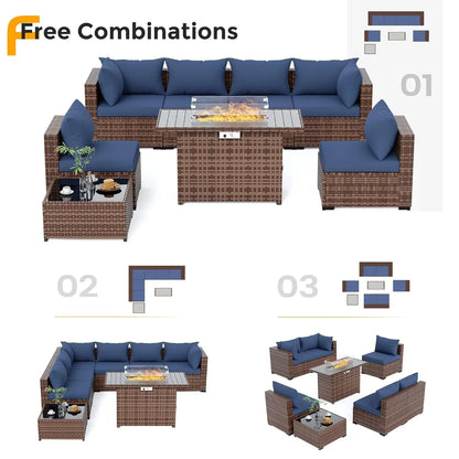 Furniture Set with Fire Pit Table, 8 Piece Sectional Sofas, All-Weather Wicker Conversation for Garden, Backyard,, Customized