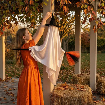 Hanging Ghost with Broom Halloween Decoration, Light Options