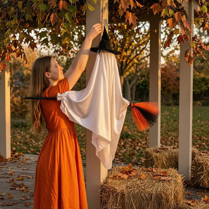 Hanging Ghost with Broom Halloween Decoration, Light Options