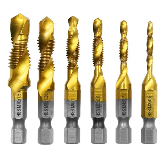 6-Piece HSS 4341 Titanium-Plated Tap and Drill Combo Set Integrated Machine Taps and Chamfer Tools