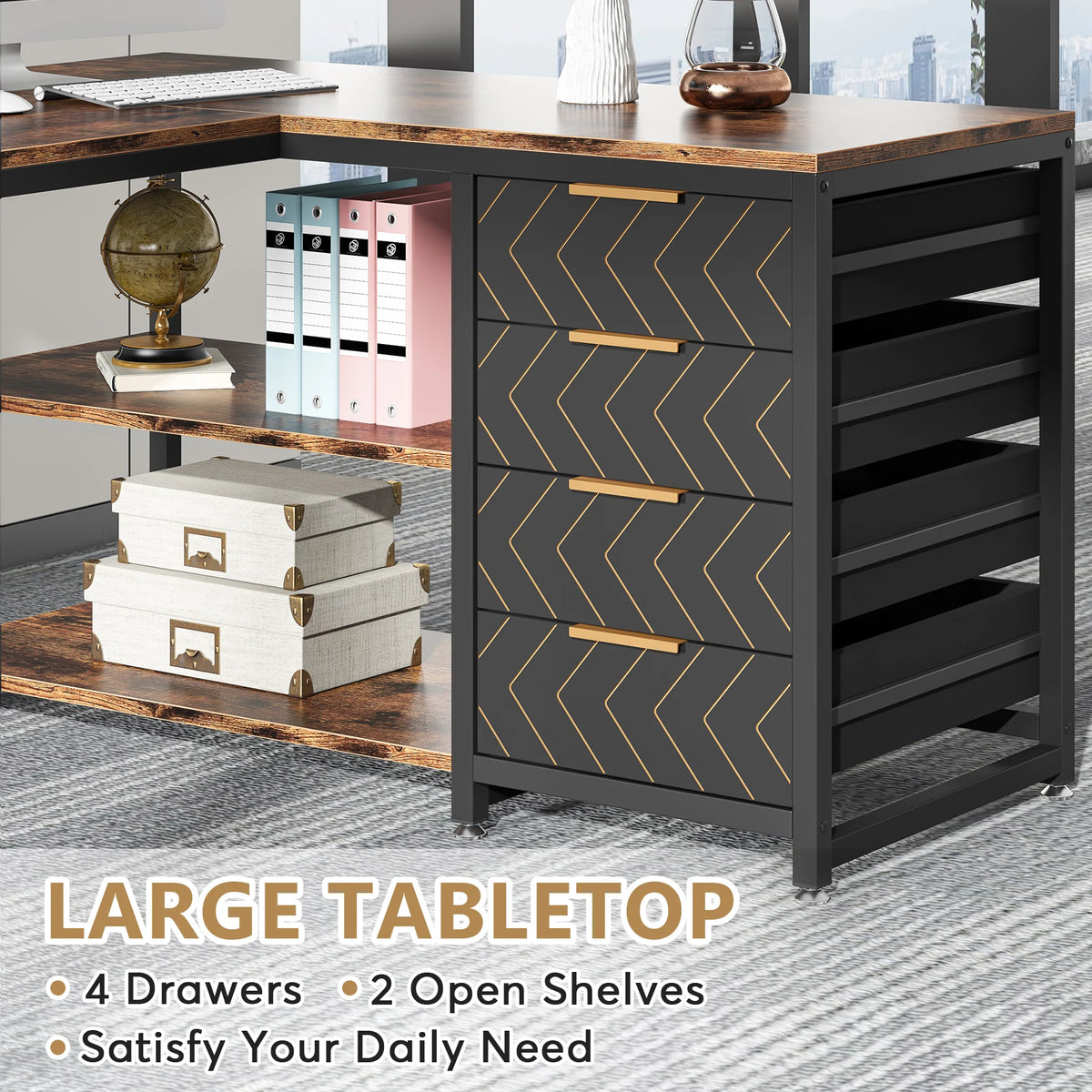 Tribesigns 59" L-Shaped Corner Desk - 4 Drawers, 2-Tier Open Shelf, Reversible, E1 Particle Board, Metal Frame, Adjustable Feet, 1-Year Warranty - Dark Gray / Chocolate / White
