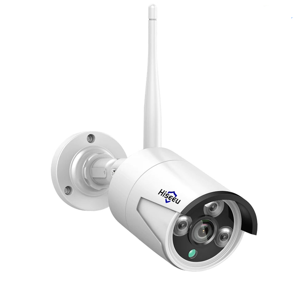 White outdoor security camera with antenna and Hiseeu branding on a white background