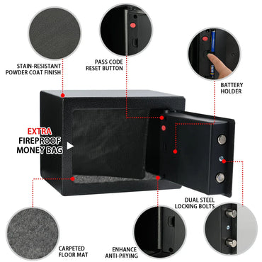 Fireproof Home Safe with Digital Keypad, Sensor Light & Adjustable Shelf — Security Safe with Fireproof Money Bag