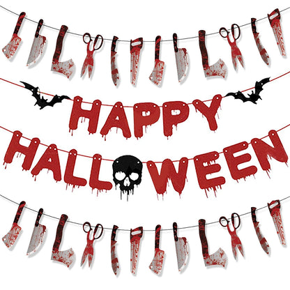 Halloween Banner & Bloody Butcher Knife Paper Garland Set – Happy Halloween Sign & Killer Tools Garland for Haunted House & Party Decor
