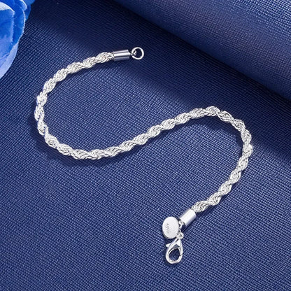 925 Sterling Silver Bracelet 4mm20cm Flat Side Chain Lobster Clasp for