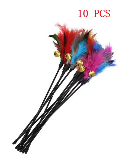 5-Pack Interactive Cat Feather Wand Toys - Colorful Feather Teasers with Bell
