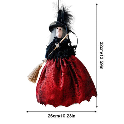 Halloween Witch Doll Hanging Ornament & Tree Topper – Retro Fabric Witch with Hat & Broom for Home, Party & Haunted House Decor – Champagne, Red or Brown