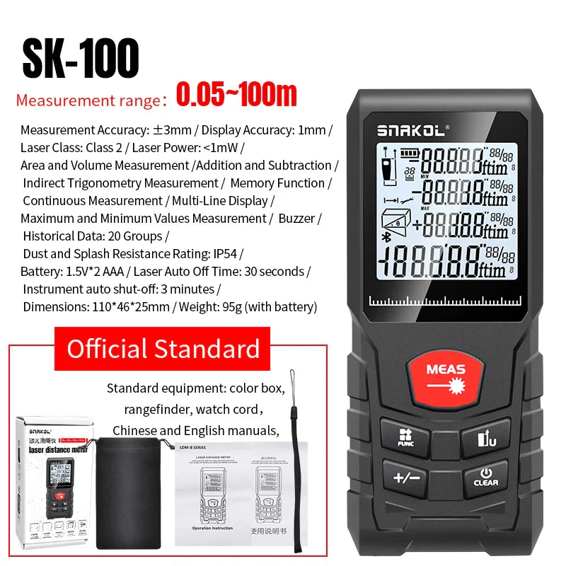 Digital Laser Distance Meter Rangefinder – Professional Laser Tape Measure 50m/70m/100m/120m (0.16–394 ft)