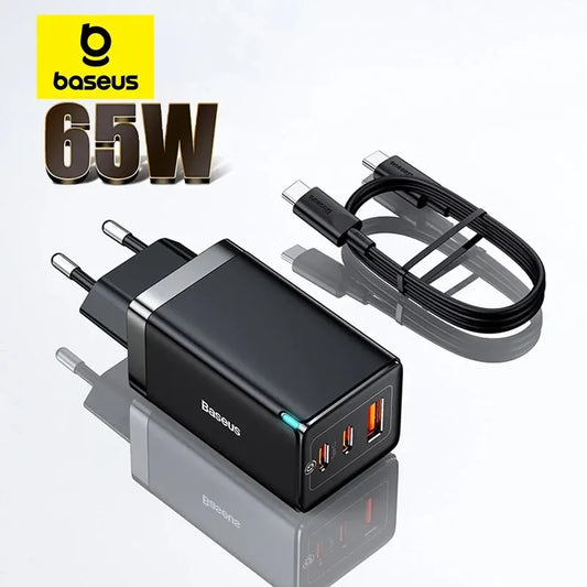 65W GaN Fast Charger – Dual USB-C + USB-A PD Quick Charger with 100W USB-C Cable for Laptop, Phone & Tablet