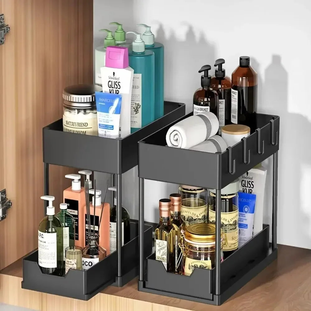 Two-level Pull-down Sink Shelving Sliding Cabinet Basket Shelving Storage Shelf Hanging Cup Bathroom Kitchen Shelving