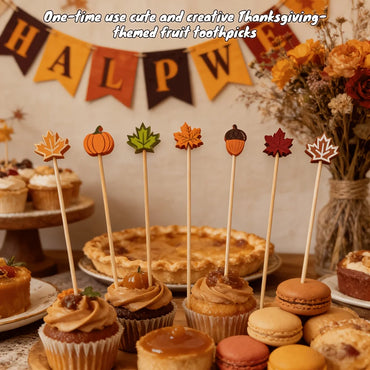 Autumn Harvest Food Picks – Set of 100 Mixed Bamboo Cocktail Sticks with Pumpkin, Maple Leaf & Acorn Shapes – Halloween & Thanksgiving Party Decor