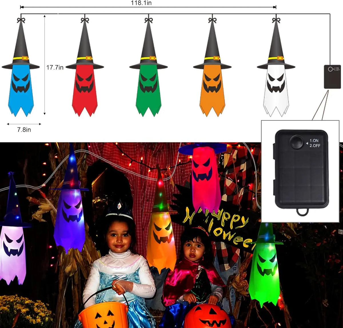 Halloween LED Glowing Ghost & Witch Hat Hanging Decorations – Set of 5 with LED String Lights for Outdoor Garden, Party & Porch Decor