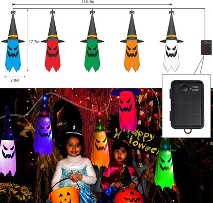 Halloween LED Glowing Ghost & Witch Hat Hanging Decorations – Set of 5 with LED String Lights for Outdoor Garden, Party & Porch Decor