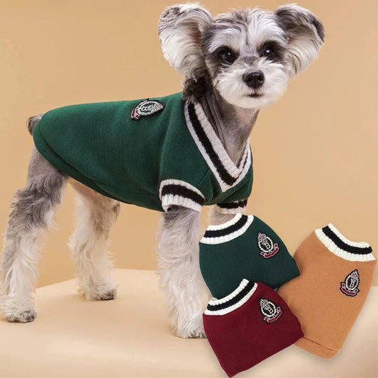 Small Dog Winter Sweater - V-Neck College Style Knitwear