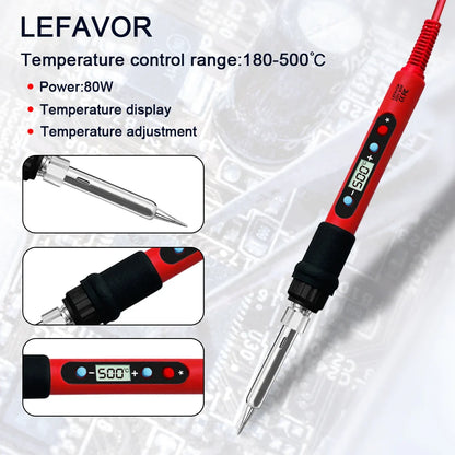 80W Adjustable Temperature Soldering Iron Kit with LCD, Ceramic Heater, Soldering Tips, Tweezers & Solder Wire