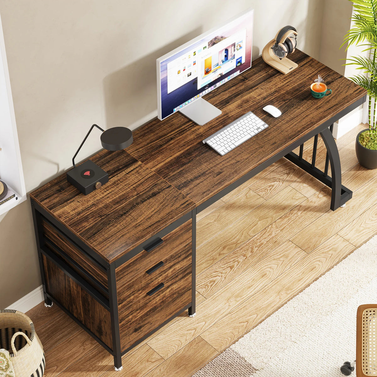 Tribesigns 59" Computer Desk with 3 Drawers - 59x19.68" Industrial Writing Table, Reversible Drawer Unit, Metal Frame, White/Rustic Brown/Walnut
