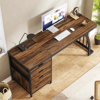 Tribesigns 59" Computer Desk with 3 Drawers - 59x19.68" Industrial Writing Table, Reversible Drawer Unit, Metal Frame, White/Rustic Brown/Walnut
