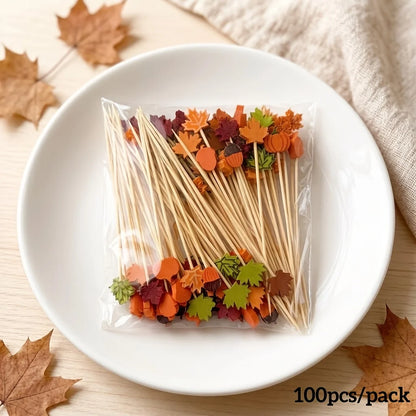 Autumn Harvest Food Picks – Set of 100 Mixed Bamboo Cocktail Sticks with Pumpkin, Maple Leaf & Acorn Shapes – Halloween & Thanksgiving Party Decor