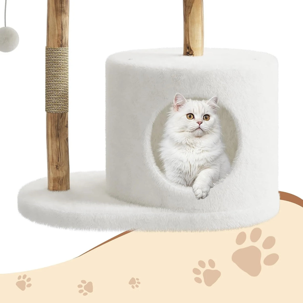43" Wood & Rattan Multi-Level Cat Tree Tower - Large Cat, Multi-Level Perches, Floor Mount, Indoor, 28.74" x 17.32" Footprint