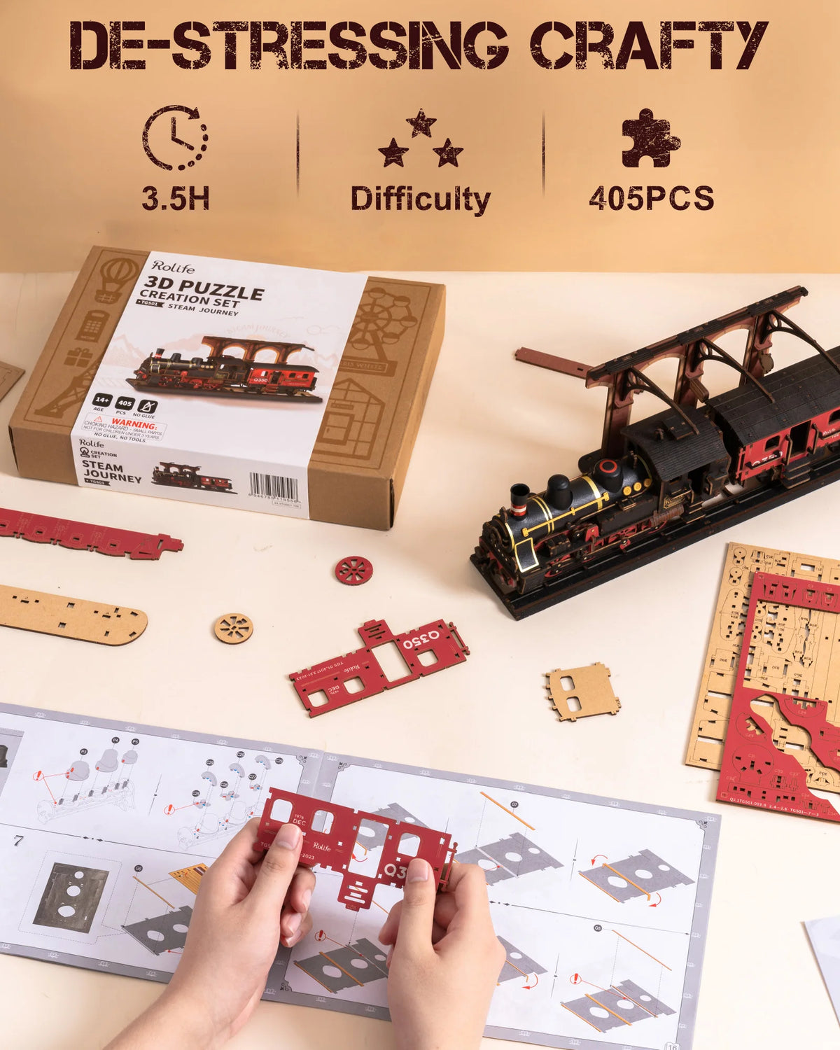 Robotime Steam Train 3D Wooden Model Kit – 405-Piece DIY Puzzle for Adults & Teens
